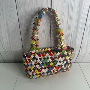 Retro Funky Candy Wrapper Recycled  Purse Two Handle Zippered MultiColor Y2K Bag